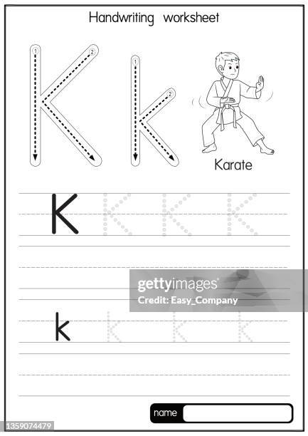 illustrazioni stock, clip art, cartoni animati e icone di tendenza di illustrazione vettoriale di karate con lettera dell'alfabeto k lettera maiuscola o maiuscola per i bambini che imparano la pratica abc - aerobics class