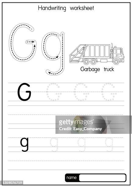 black and white vector illustration of garbage truck   with alphabet letter g upper case or capital letter for children learning practice abc - easy load stock illustrations