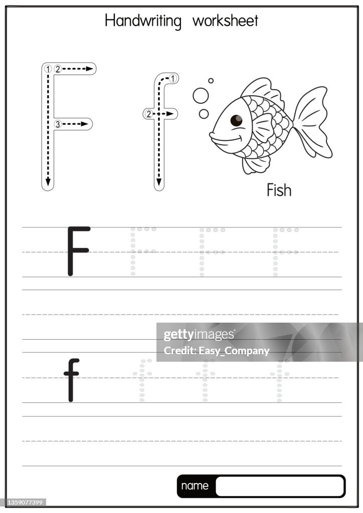 Black and white vector illustration of Fish with alphabet letter F Upper case or capital letter for children learning practice ABC