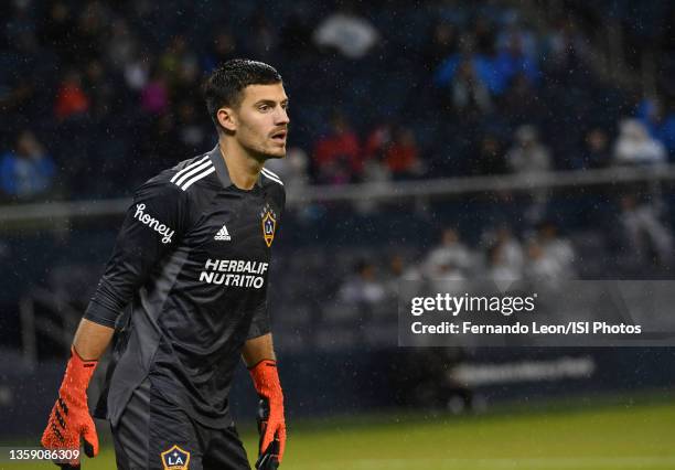 Jonathan Bond of LA Galaxy gets his team organized in the second half during a game between Los Angeles Galaxy and Sporting Kansas City at Children's...