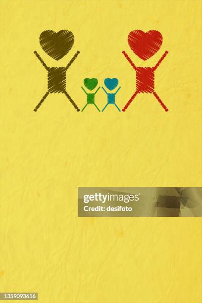 a vibrant bright yellow coloured vertical vector backgrounds with four abstract characters or symbolic members of a happy family with face as heart shape - family with two children stock illustrations