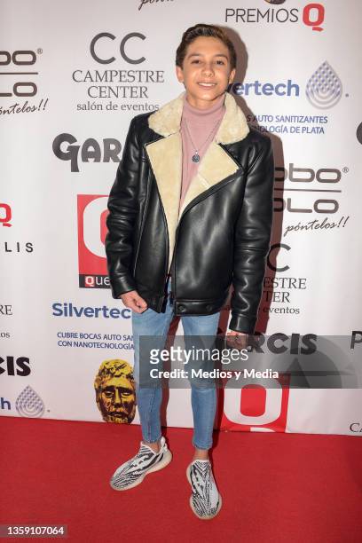 Tadeo Bonavides poses for photos on the red carpet during the Q Awards by Q magazine at Teatro Centenario Coyoacan on December 14, 2021 in Mexico...