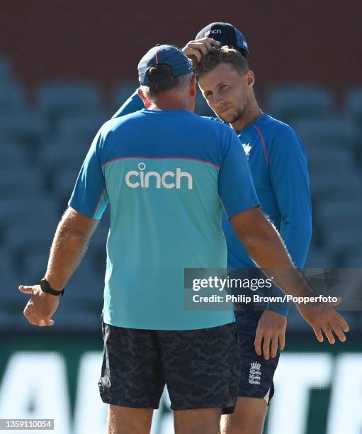 Joe Root and Chris Silverwood talk before an England Ashes squad nets session before Thursday's Second Ashes Test match against Australia at Adelaide...