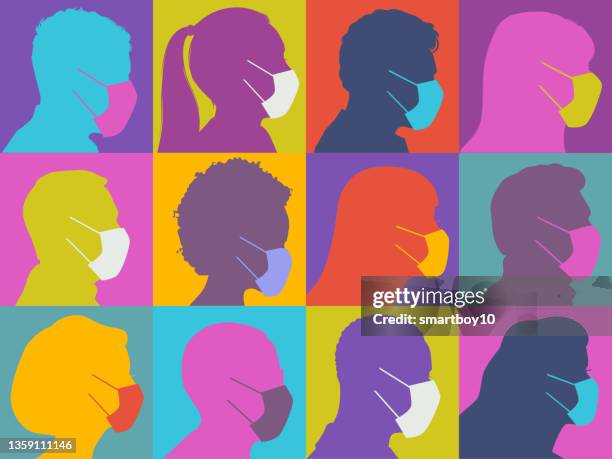 ilustraciones, imágenes clip art, dibujos animados e iconos de stock de iconos de perfil de cabeza con máscaras protectoras - certificado de inmunización