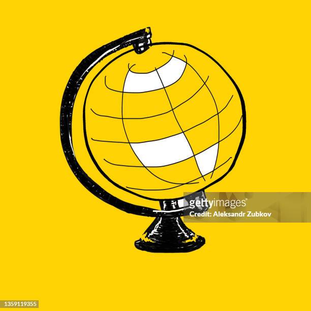 a globe drawn with a felt-tip pen on a bright yellow background or a piece of paper. the concept of education, science and travel. back to school. a copy of the space. - russia world fotografías e imágenes de stock