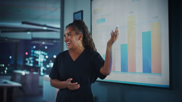Company CEO Holds Sales Meeting Presentation for Employees and Executives. Creative Black Female Uses TV Screen with Growth Analysis, Charts, Ad Revenue. Work in Business Office.