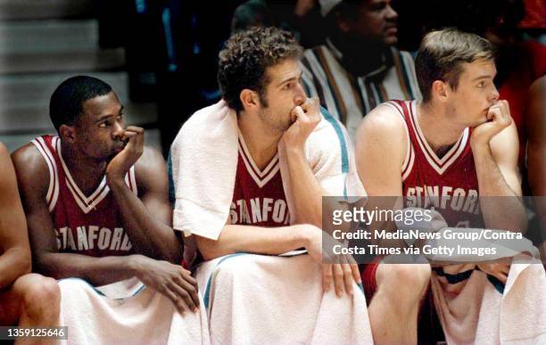 Kris Weems, Peter Sauer and Mark Seaton, synchronized moping on the Stanford bench as the Arizona Wildcats run away with the game and the Pac-to...