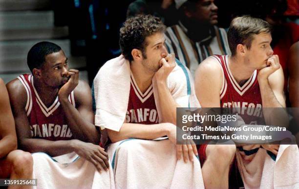 Kris Weems, Peter Sauer and Mark Seaton, synchronized moping on the Stanford bench as the Arizona Wildcats run away with the game and the Pac-to...