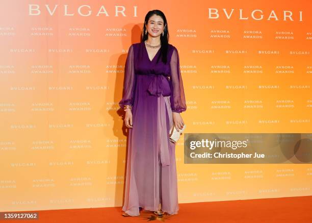 Japanese model Koyuki arrives at the photocall for the BVLGARI AVRORA AWARDS 2021 on December 15, 2021 in Urayasu, Japan.