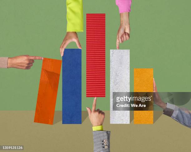 collage image of hands interacting with bar graph - man on chart stock-fotos und bilder