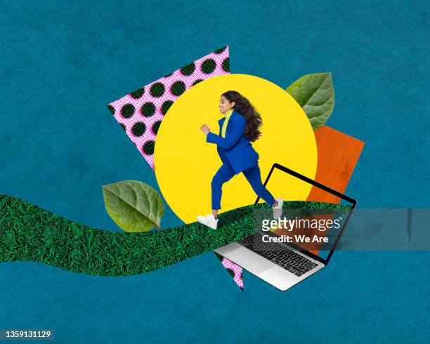 collage image of business woman running out of computer into a new beginning - montage stock-fotos und bilder