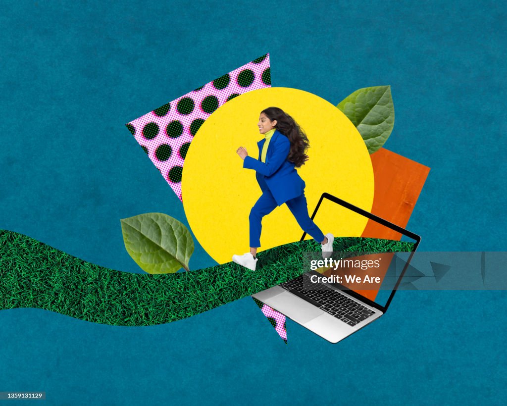 Collage image of Business woman running out of computer into a new beginning