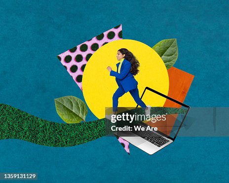Collage image of Business woman running out of computer into a new beginning Collage image of Business woman running out of computer into a new beginning