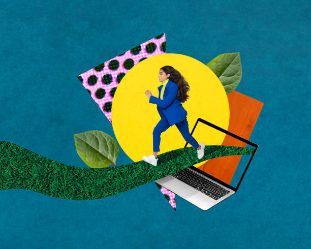 collage image of business woman running out of computer into a new beginning - empreendedorismo - fotografias e filmes do acervo