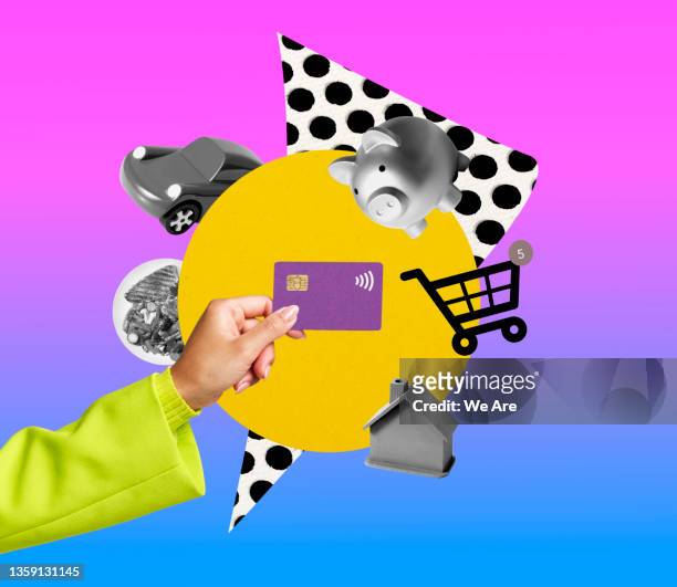 collage of woman holding credit card surrounded by financial icons - digital business london stockfoto's en -beelden