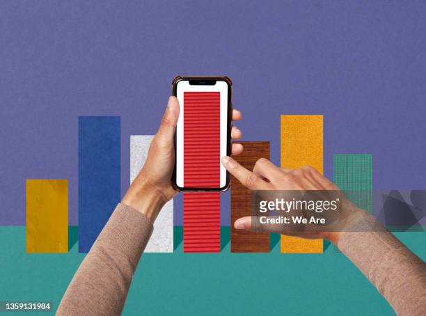 conceptual image of man using smartphone to view bar graph - customer data stock pictures, royalty-free photos & images