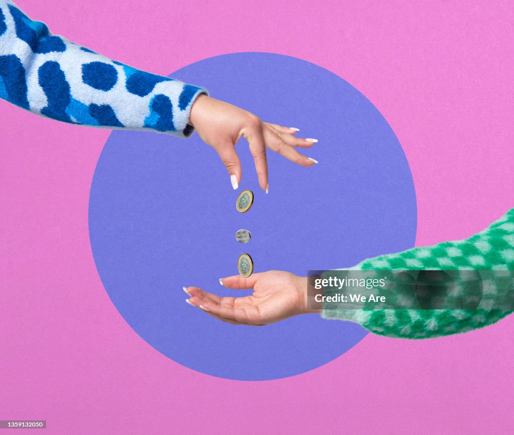 Collage image of hand dropping coins into another hand