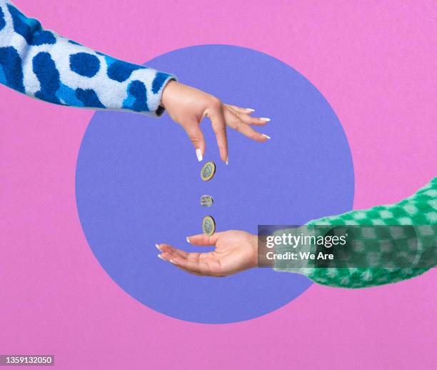 collage image of hand dropping coins into another hand - dinheiro imagens e fotografias de stock