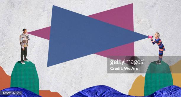 two people standing in collage landscape, communicating over a divide - politik stock-fotos und bilder
