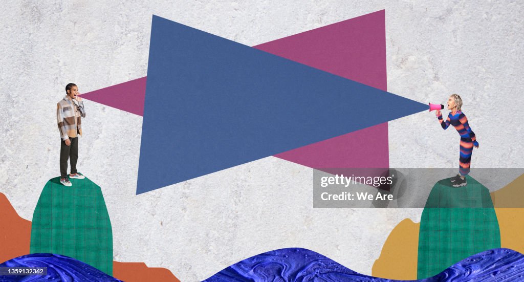 Two people standing in collage landscape, communicating over a divide