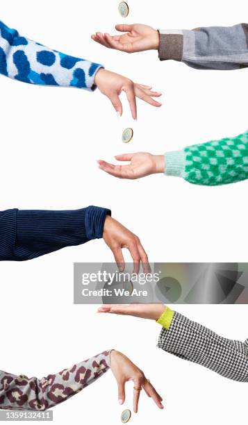 collage image of money passing between different hands - making money foto e immagini stock