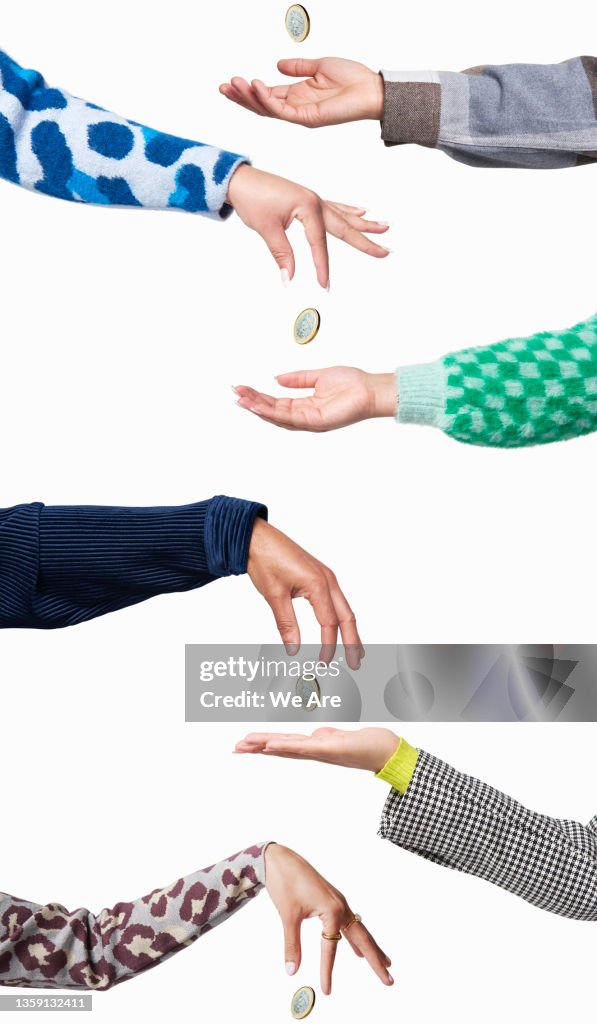 Collage image of money passing between different hands