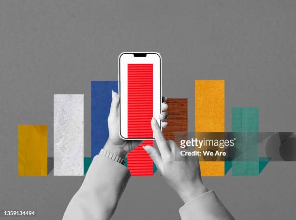 conceptual image of man using smartphone to view bar graph - collage fotografías e imágenes de stock