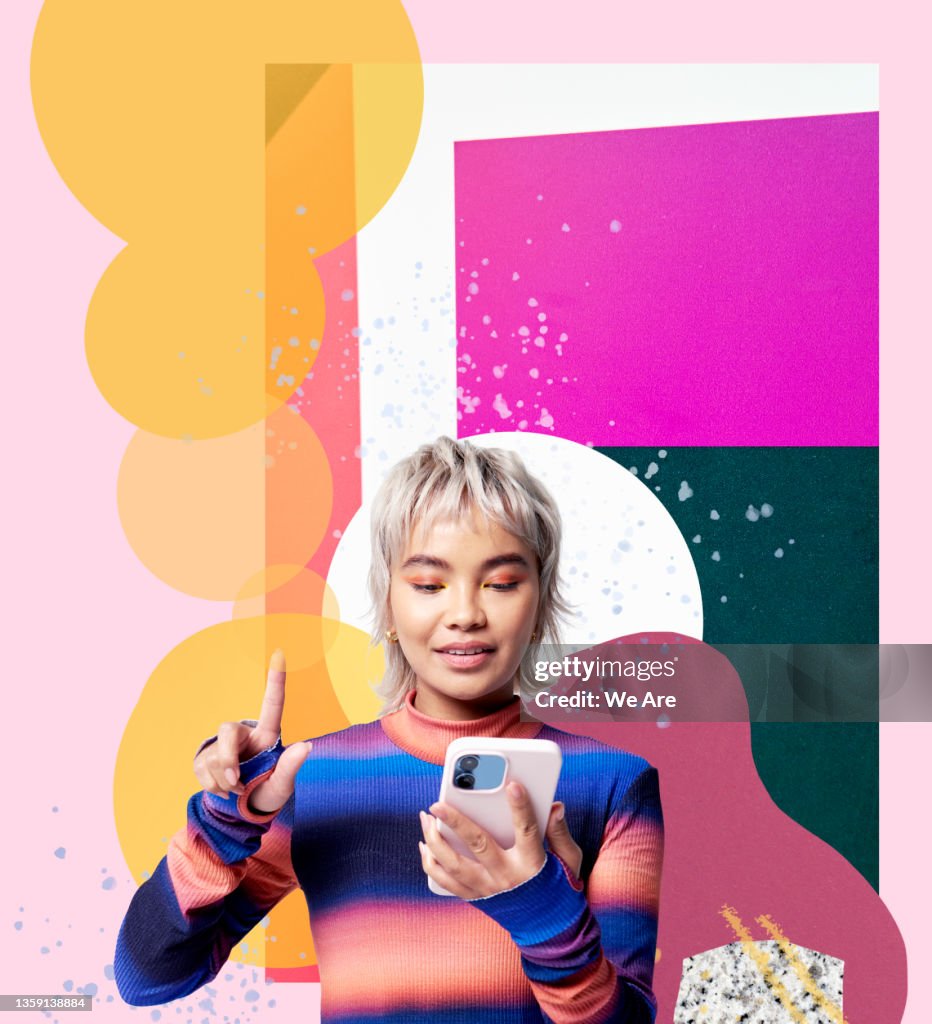 Woman using smartphone on graphic background