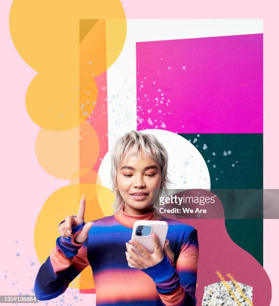 woman using smartphone on graphic background - trends fotografías e imágenes de stock