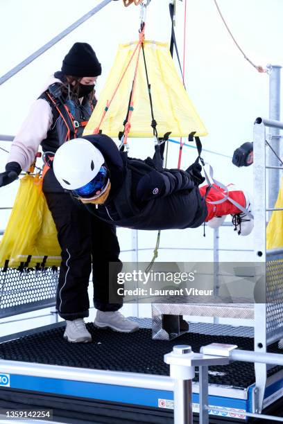 Actress Frederique Bel unvilling the Les Arcs zip line during the 13th Arcs Film Festival - Day Five on December 15, 2021 in Bourg-Saint-Maurice,...