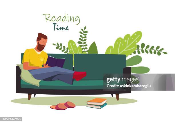 young man reading book at home - stacked chairs stock illustrations