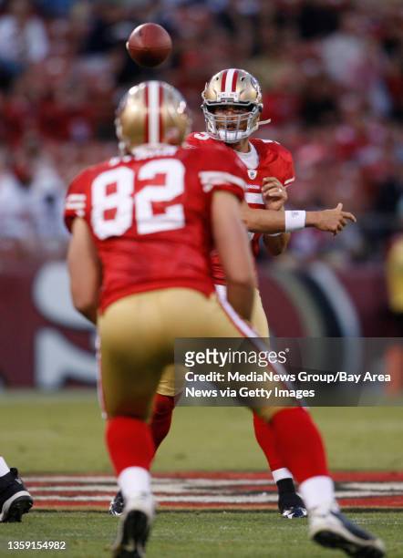 San Francisco 49ers quarterback David Carr throws to tight end Nate Byham against the San Diego Chargers in the first quarter at Candlestick Park in...