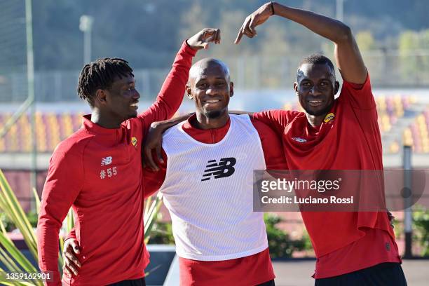 Ebrima Darboe, Amadou Diawara and Maissa Ndiaye gesture during as AS Roma training session at Centro Sportivo Fulvio Bernardini on December 15, 2021...