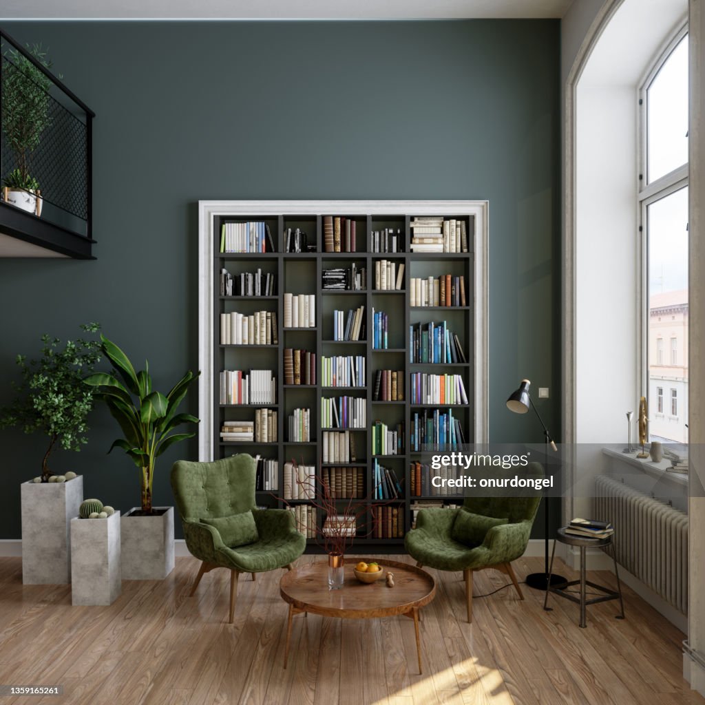 Lesesaal Interieur mit Bücherregal, grünen Sesseln, Couchtisch und Topfpflanzen