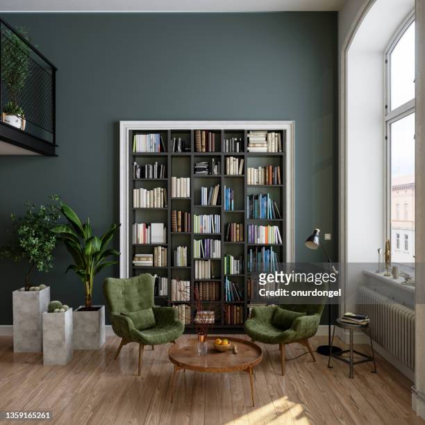 lesesaal interieur mit bücherregal, grünen sesseln, couchtisch und topfpflanzen - book store stock-fotos und bilder