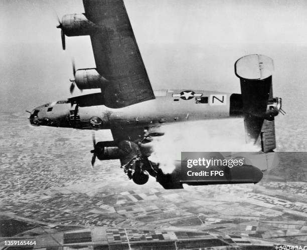 Consolidated B-24 Liberator four engined heavy bomber named "STEVENOVICH II" from the 779th Bombardment Squadron, 464th Bombardment Group, United...