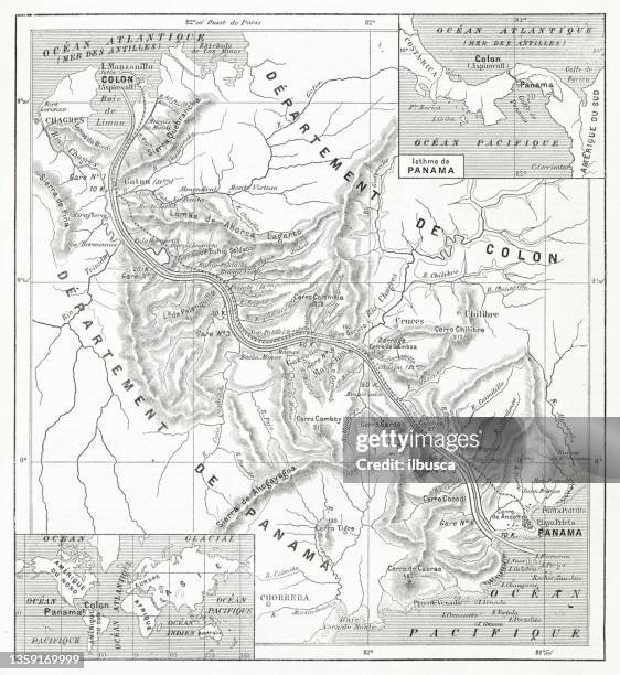 antique french map of panama canal - panama stock illustrations