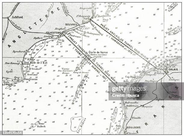 stockillustraties, clipart, cartoons en iconen met antique french map of channel tunnel projects - manche