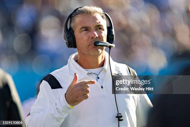 Head Coach Urban Meyer of the Jacksonville Jaguars on the sidelines during a game against the Tennessee Titans at Nissan Stadium on December 12, 2021...