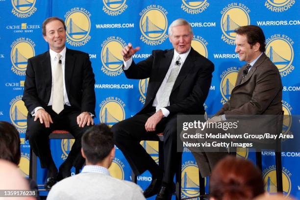 Golden State Warriors co-owners Joe Lacob, left, and Peter Gruber, right, announce Jerry West as the newest member to the Warriors' Executive Board...