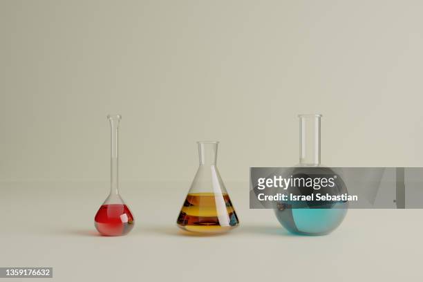 3d illustration. set of laboratory glassware with different colored liquids on an isolated background. - lab flask imagens e fotografias de stock