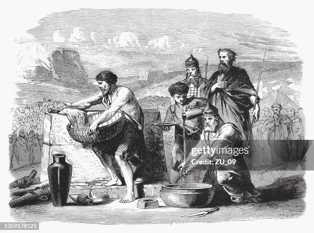 stockillustraties, clipart, cartoons en iconen met making of the water of purification (numbers 19), woodcut, 1862 - religious offering