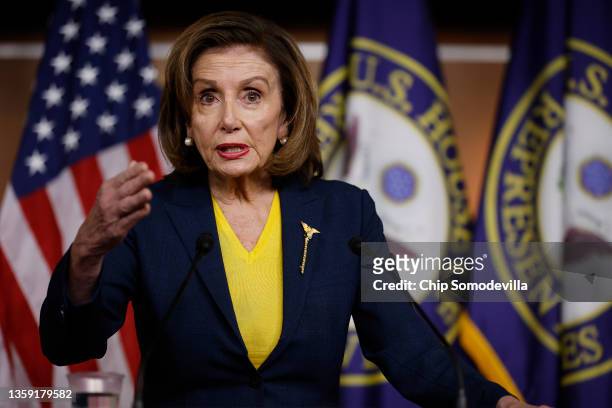 Speaker of the House Nancy Pelosi talks to reporters during her weekly news conference in the U.S. Capitol Visitors Center on December 15, 2021 in...