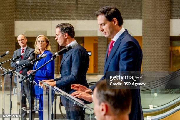 Leader and prime minister Mark Rutte, D66 leader Sigrid Kaag, CDA leader Wopke Hoekstra and ChristenUnie leader Gert-jan Segers are seen during the...