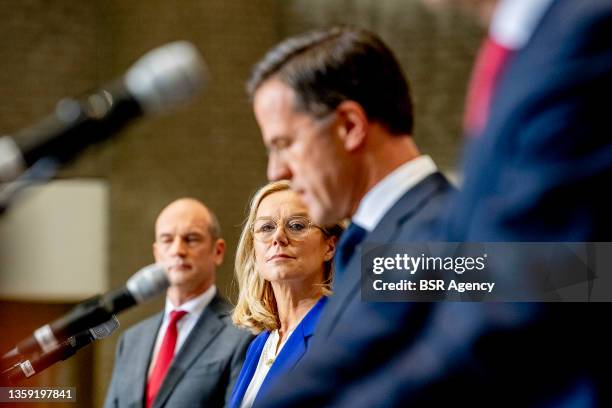 Leader and prime minister Mark Rutte, D66 leader Sigrid Kaag and ChristenUnie leader Gert-jan Segers are seen during the presentation of the...