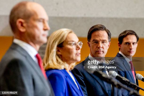 Leader and prime minister Mark Rutte, D66 leader Sigrid Kaag, CDA leader Wopke Hoekstra and ChristenUnie leader Gert-jan Segers are seen during the...