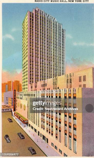 Vintage colorized historic souvenir photo postcard published circa 1935 depicting the vibrant midtown and downtown skyscrapers of New York City, here...