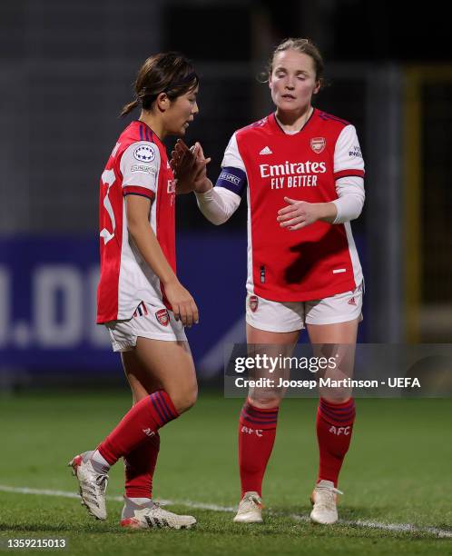 Mana Iwabuchi of Arsenal celebrates with Simone Boye Sorensen of Arsenal after scoring her side's first goal during the UEFA Women's Champions League...