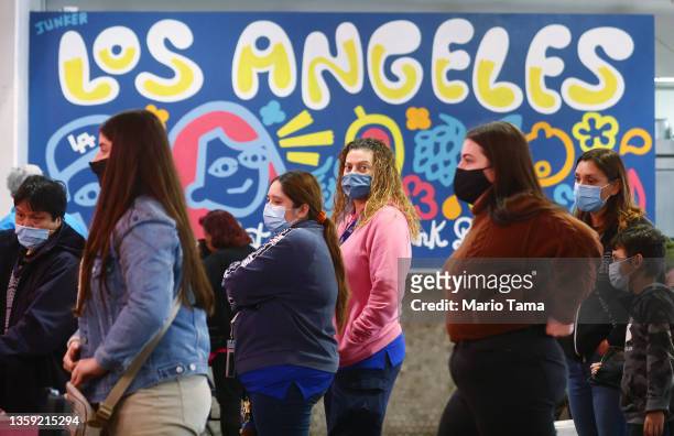 People wear face coverings inside Grand Central Market on December 15, 2021 in Los Angeles, California. California residents, regardless of COVID-19...