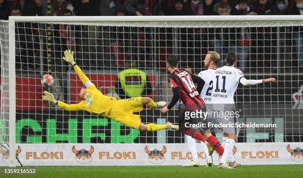 Patrik Schick of Bayer 04 Leverkusen scores their sides second goal during the Bundesliga match between Bayer 04 Leverkusen and TSG Hoffenheim at...
